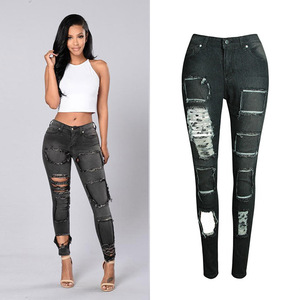 European boutique pure cotton broken hole pencil little feet jeans