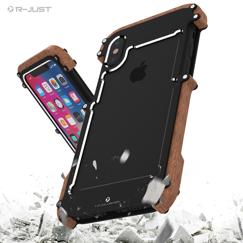 R-Just IRONWOOD Light Slim Timber Aluminum Metal Wood Bumper Case Cover for Apple iPhone X