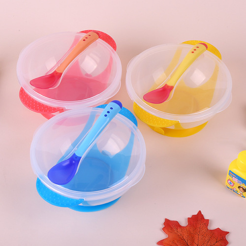 2018 New Baby Transparent Suction Cup Bowl with Temperature Sensing Spoon Baby Training Bowl Set Spoon Temperature Sensing Discoloration Wholesale