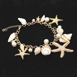 欧美流行饰品合金珍珠手链 夏日海滩混合多元素贝壳海螺海星手链