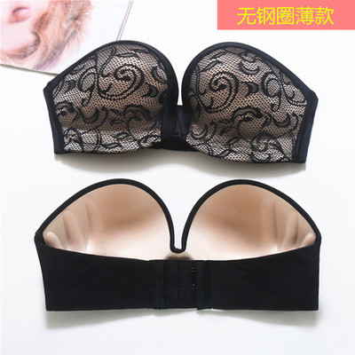 无肩带隐形文胸女蕾丝无带防滑内衣无钢圈薄款婚纱抹胸一字领夏季|ms