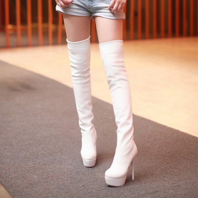 Hot night club knee high boots thin heel waterproof platform Soft Leather Size Women’s Boots