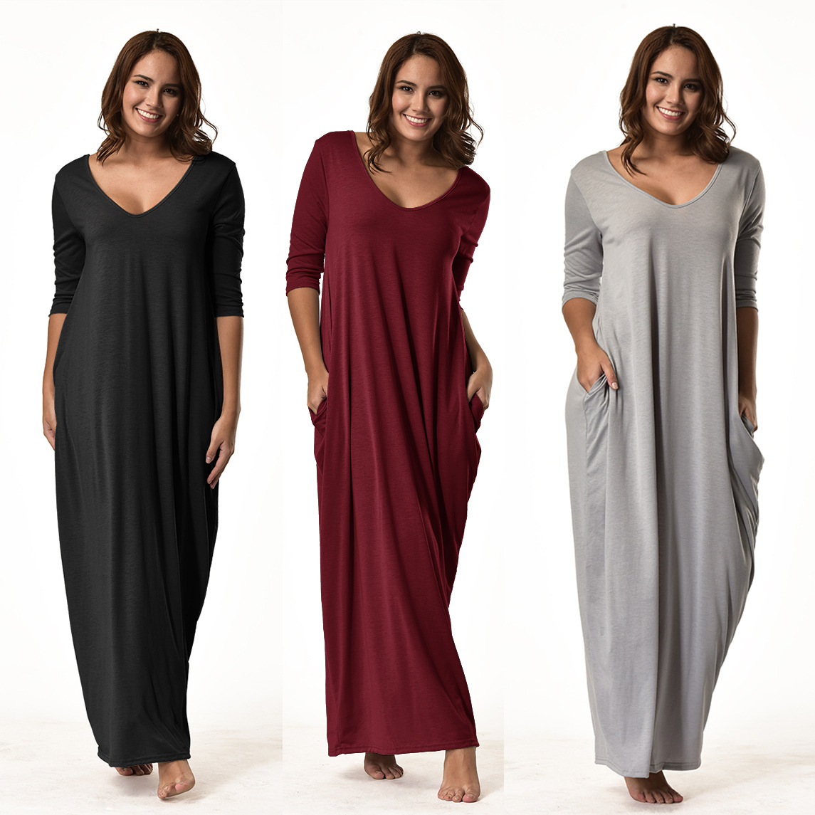 Loose Fit Solid Color Maxi Dress Casual Style Plus Size Long Sleeve Ideal for Autumn and Winter Wholesale Available