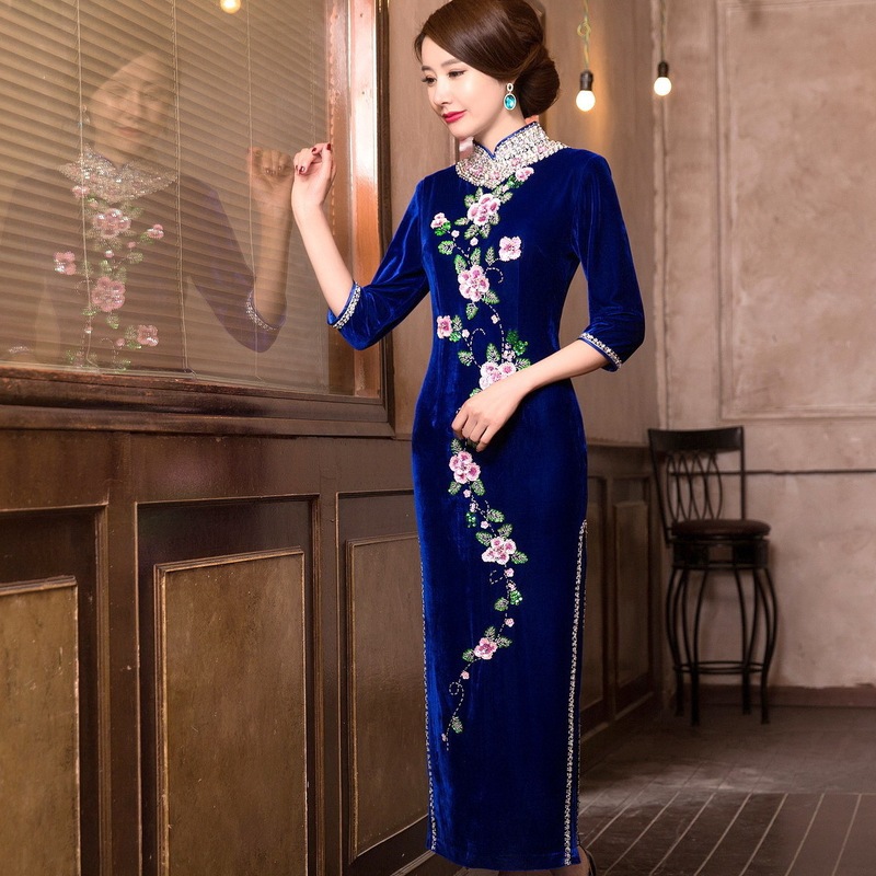 Autumn and Winter new fashion elegant traditional women's cheongsam printed rust beads slim long hip skirt wholesale