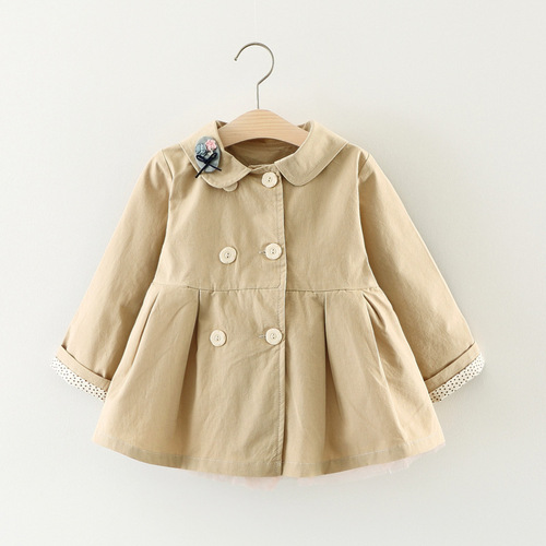 A035 Spring and Autumn New Arrival Girls' Cat Embroidered Collar Jacket Trench Coat for Kids Outing Wear 0-4