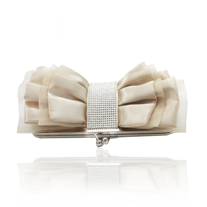 Túi clutch dạ tiệc satin nơ xếp ly đính kim cương – kèm dây đeo chéo — Màu đỏ, Màu đen, Màu Sâm panh, Màu bạc chi tiết 17
