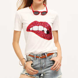 欧美跨境电商夏季新款女装 亮片红唇圆领短袖T恤衫亚马逊WISH上衣