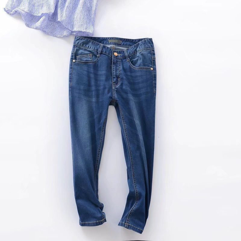 First-hand supply thin elastic large and medium high waist women's Denim cropped pants large size cheap wholesale