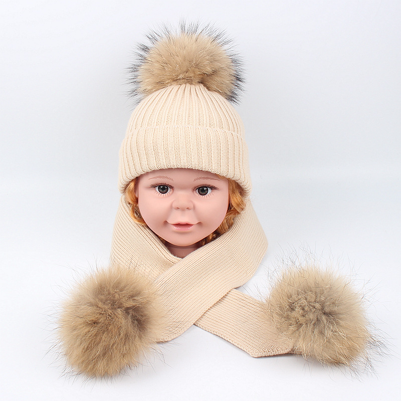 Autunno Inverno Nuovo Procione Palla Cappello Sciarpa Lavorata A Maglia Carino Ragazzi e Ragazze Bambino Tinta Unita Lana Caldo Set_voghion.com