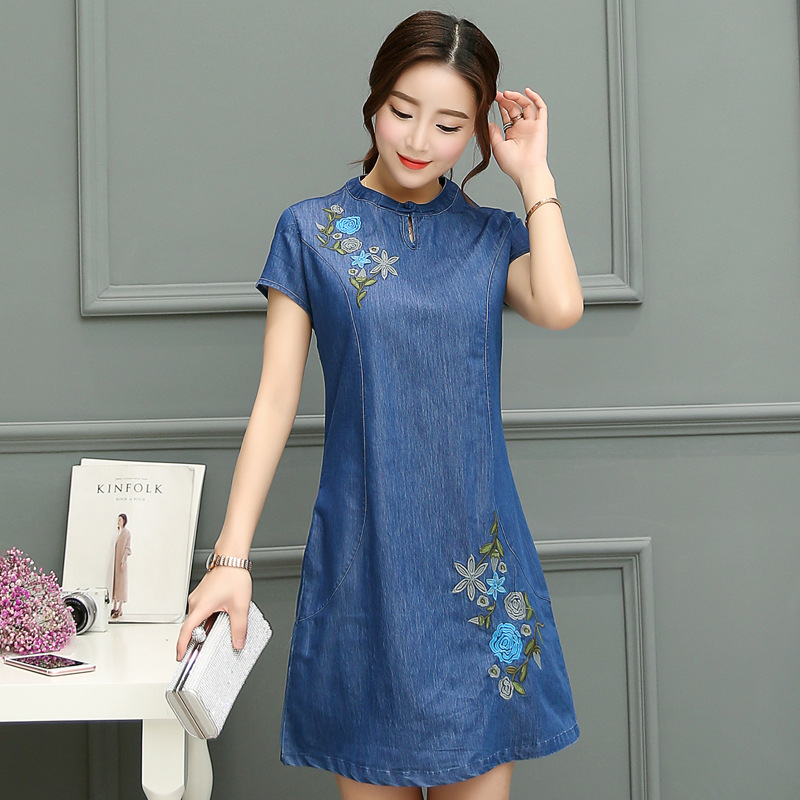 Drip Tray Button Slim Embroidery Length Cheongsam Skirt Denim Dress