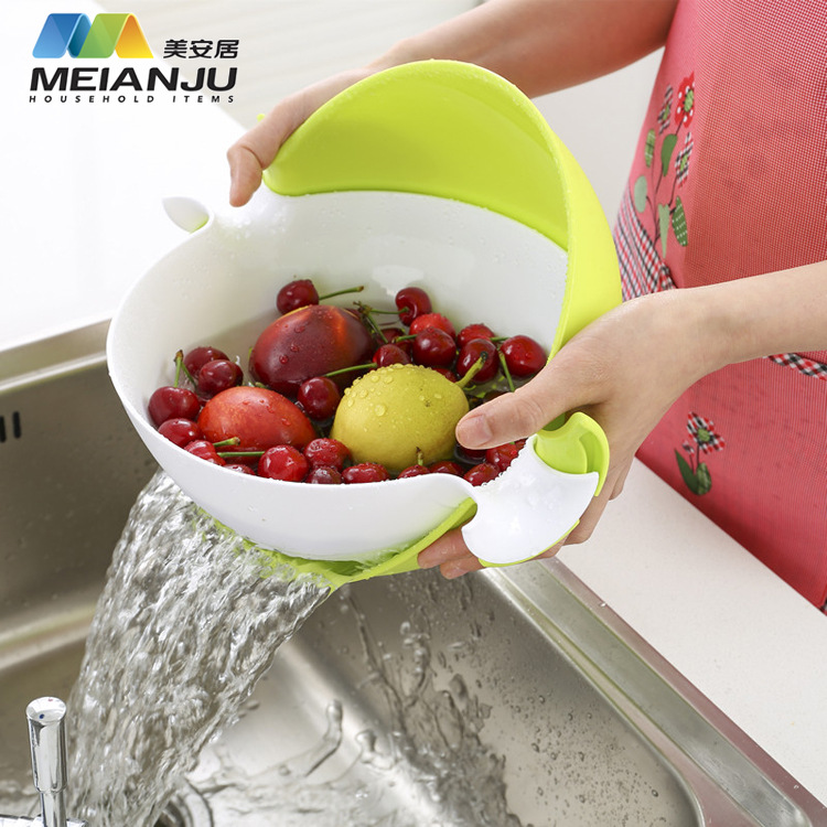 美安居多功能旋转沥水篮塑料圆形双层水果篮洗菜篮厨房用品热销品