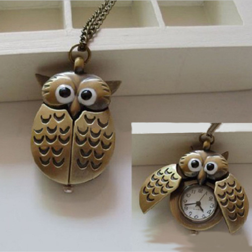 亚马逊休闲钟表批发 可爱展翅猫头鹰复古怀表 男女通用猫头鹰挂表