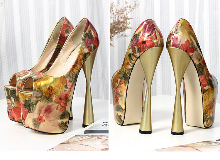 Giày cao gót nữ mũi nhọn gót siêu cao 19 cm, họa tiết miệng cá, đế chống thấm nước — Màu vàng chi tiết 11