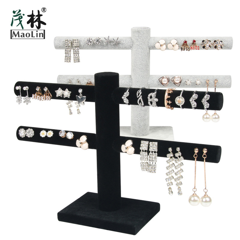 韩式两层耳环展示架首饰品珠宝柜台绒布摆件展示道具