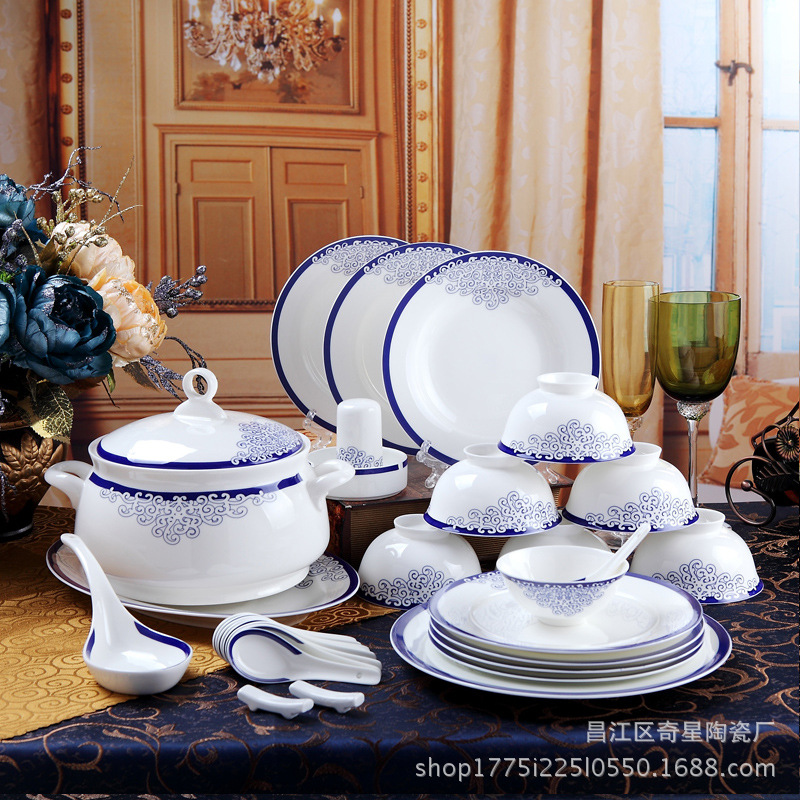 景德镇骨瓷套装餐具套装家用56头青花瓷陶瓷碗碟整套礼品定制礼盒|ms