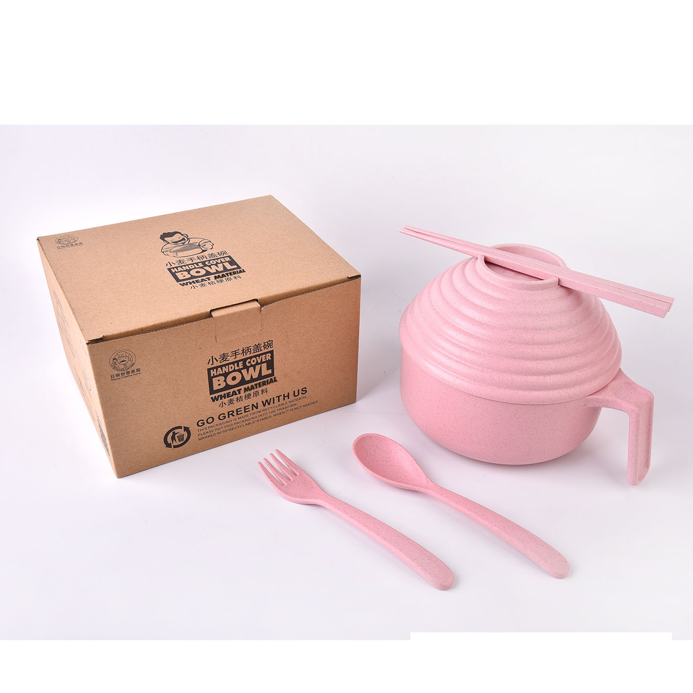 Manufactor wholesale Wheat tableware Anti scald Handle Cover bowl environmental protection Degradation Insulated bowl A bowl of instant noodles 5 sets gift