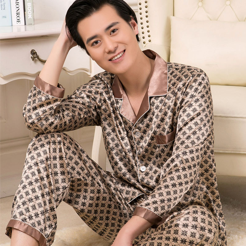 韩雅彤 丝绸男士睡衣新品 春夏印花仿真丝套装秋季开衫长袖家居服|ru
