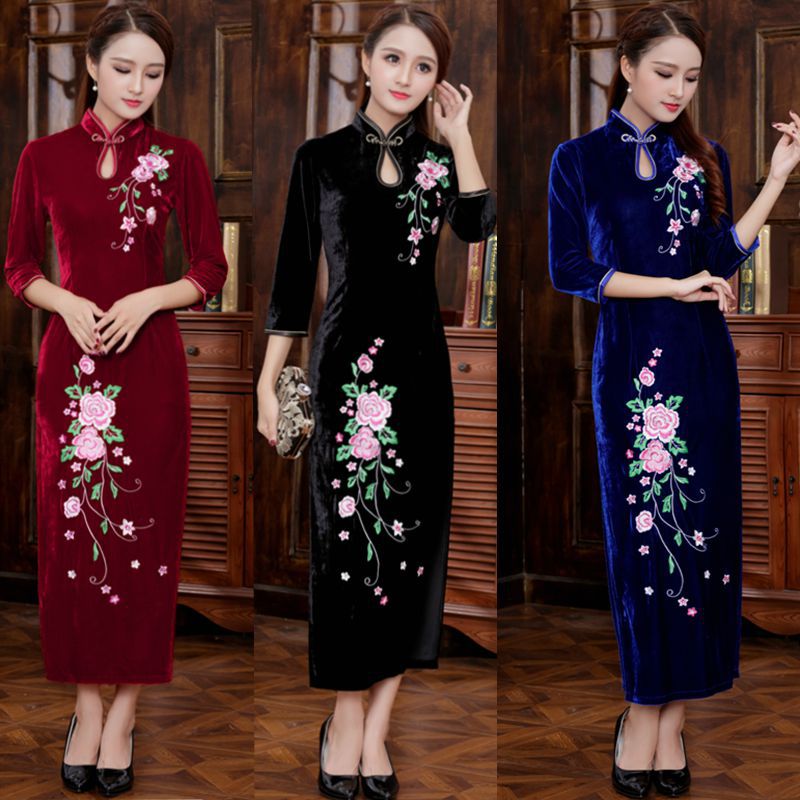 Velvet elegant retro long cheongsam