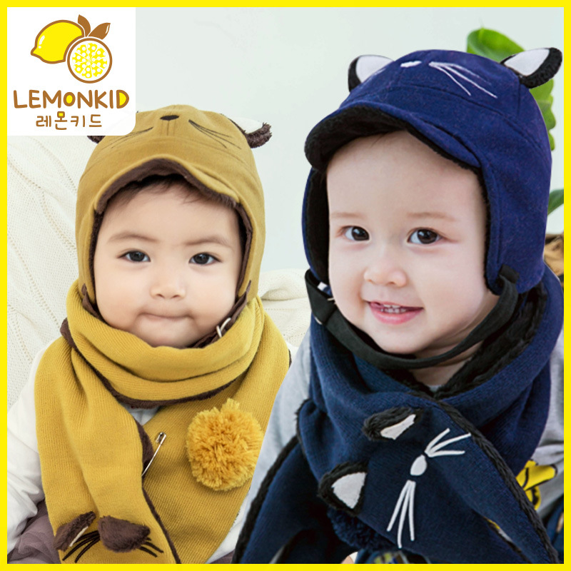 檸檬寶寶韓國兒童秋冬兩件套嬰兒冬款帽子圍脖套裝男童女童加絨帽