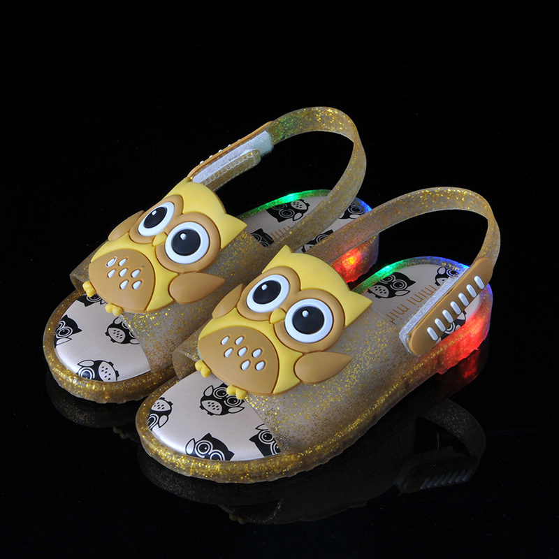 儿童凉鞋卡通猫头鹰LED闪灯女童凉鞋新款小童果冻鞋男童凉鞋2-4-6