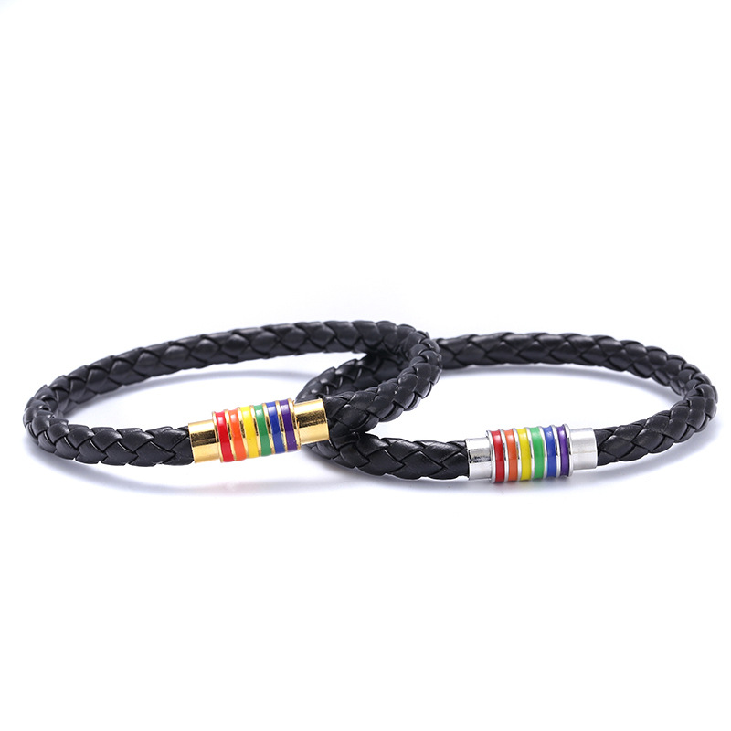 simple braided leather rainbow color titanium steel magnet buckle bracelet