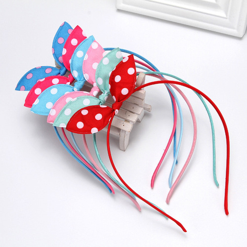 Korean Version Children's Handmade Fabric Headband with Rabbit Ears, Polka Dot Bow, Children's Headwear, Wholesale