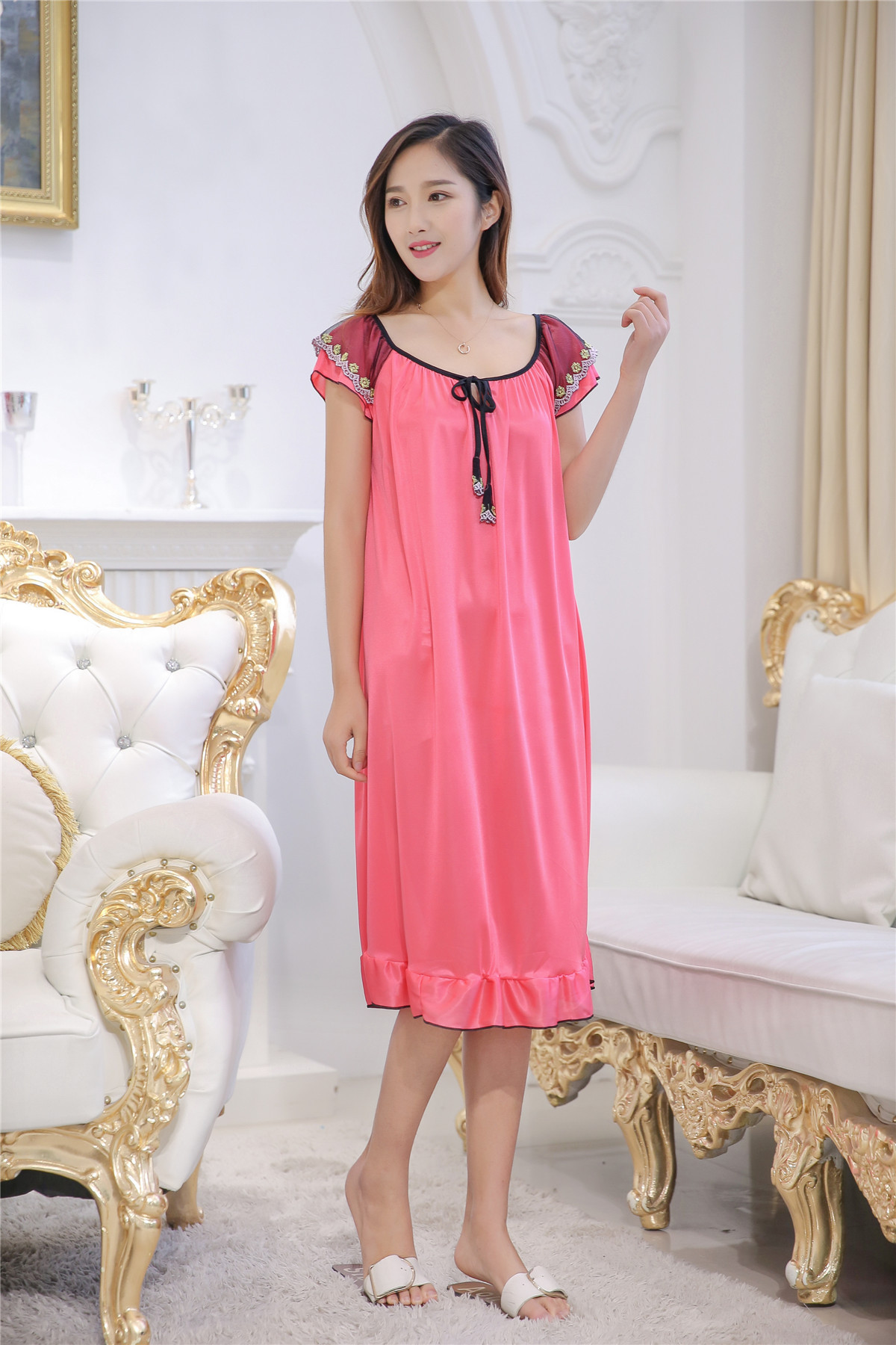 Simple Sexy  Solid Color Short Sleeves Ice Silk Polyester Long Pajamas display picture 24