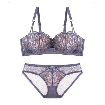 刺绣复古条纹文胸套装性感聚拢上薄下厚蕾丝边酒红色内衣女批发