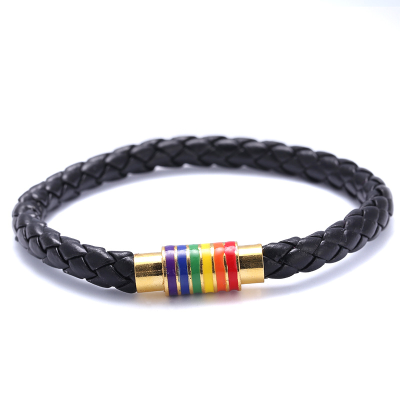 simple braided leather rainbow color titanium steel magnet buckle bracelet