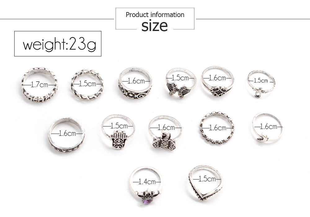 Retro Crown Palm Elephant Geometric Alloy Ring 13-piece Set display picture 2