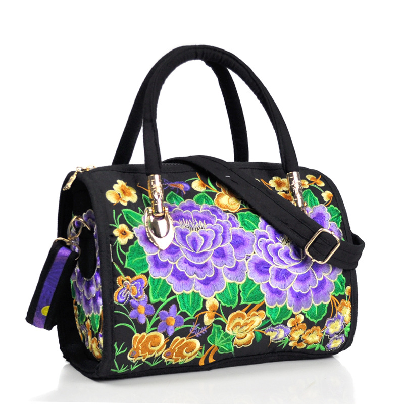 Estilo étnico bordado crossbody portátil de doble uso bolsa de tambor lienzo bordado floral bolsa de viaje hombro portátil bolso de las mujeres
