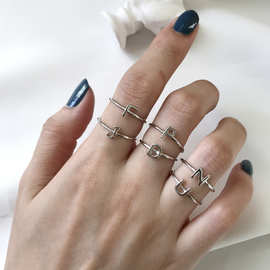 英文字母戒指 原创设计925纯银戒指日韩女纯手工绕线指环尾戒