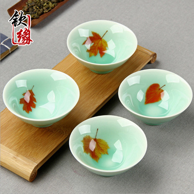 正品青瓷斗笠杯德化茶碗茶杯个人主人杯厂家批发手绘树叶品茗杯|ru