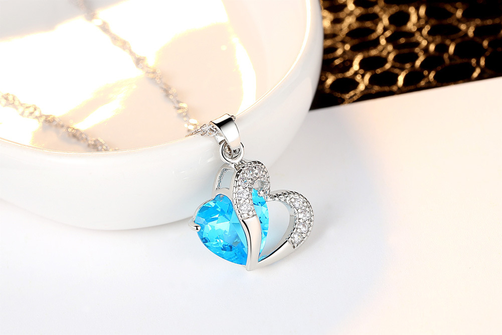 Simple Et Élégant Coeur Bleu Boucle D&#39;oreille Ensemble Zircon Micro Incrusté Double Coeur Collier Court Boucle D&#39;oreille Ensemble En Gros Nihaojewelry display picture 5