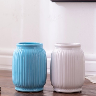 批發生産供應羅馬條紋簡約現代美式藍色陶瓷花瓶擺件 4號白+藍