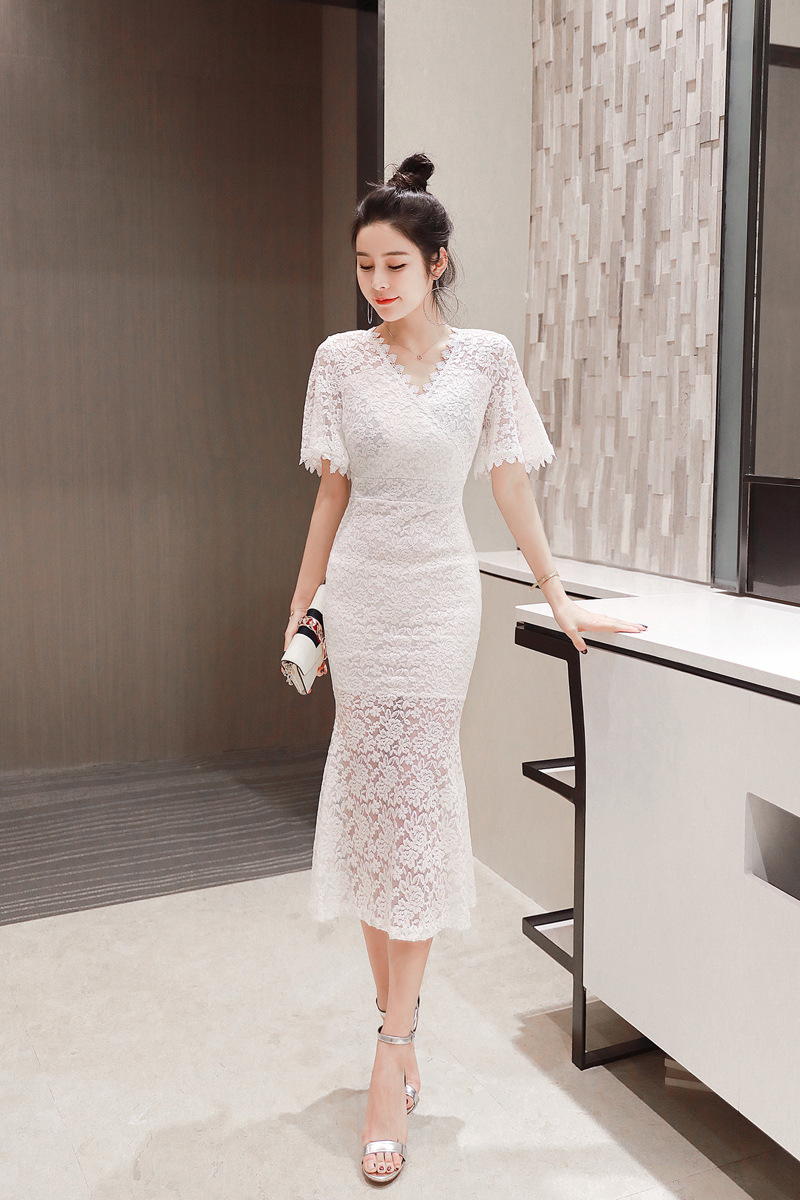 Đầm nữ cổ chữ V ren ôm body dáng dài — Màu đen chi tiết 6
