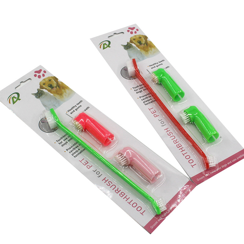Cepillo de dientes para mascotas de tres piezas conjunto de gato y perro de doble cabeza cepillo de la manga del dedo cepillo de limpieza de mascotas dientes de molienda cepillo de dientes perro cepillo de dientes