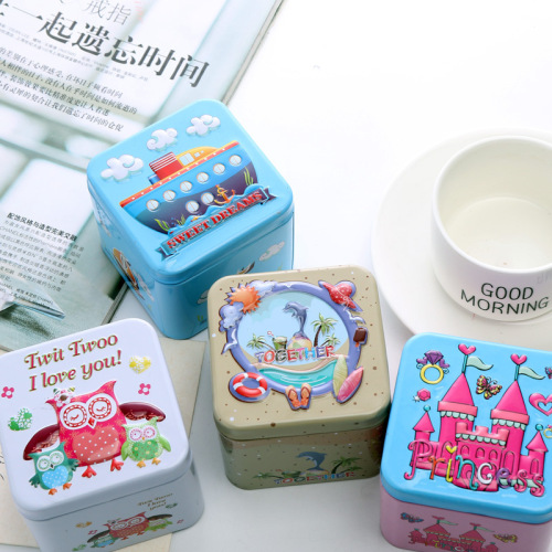 Creative square embossed metal tins packaging box for cartoon metal accessories Storage box for children