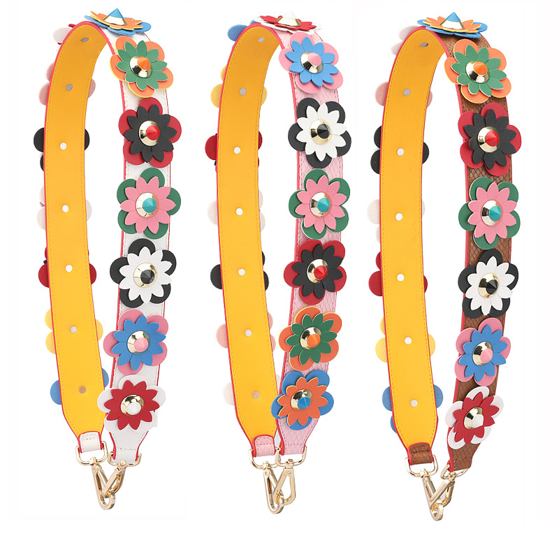 带 铆钉撞色单肩带花朵百搭女士包包宽肩带双