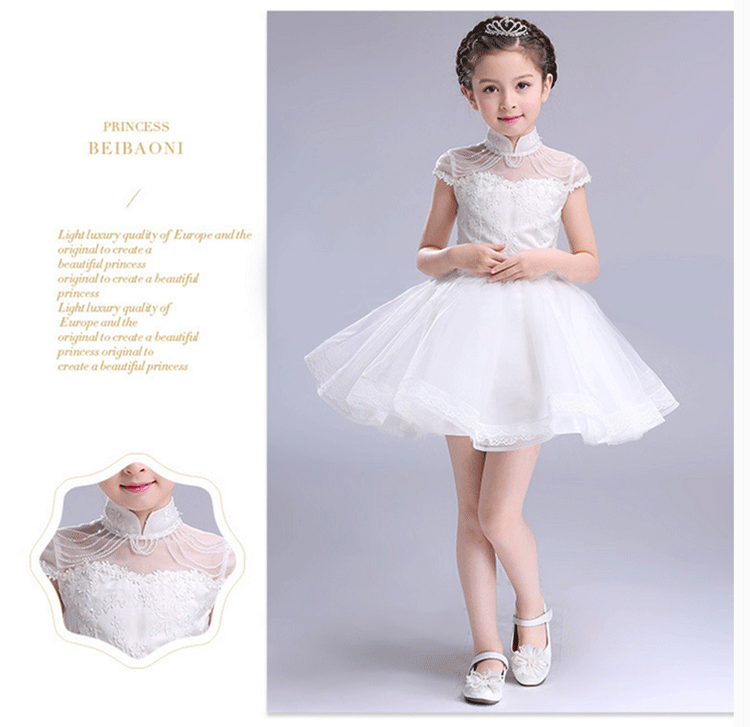 Trẻ em của váy cưới công chúa váy new trắng đứng cổ áo cô gái sinh nhật đàn piano tổ chức hiệu suất hoa cô gái pettiskirt đầm trẻ em cao cấp