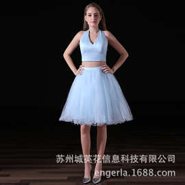 Engerla礼服2021春季新款蓝色锻布两件套挂脖小礼服一件代发