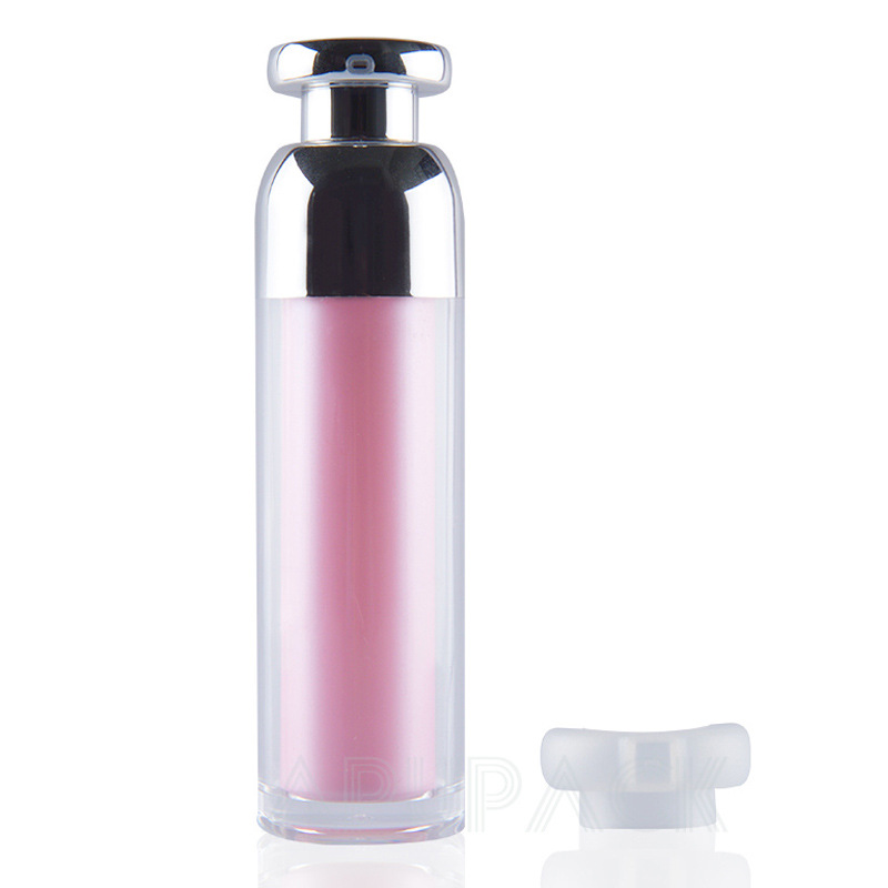 高档韩国透明双层亚克力锁口卡口电镀圆肩真空按压瓶粉蓝白金银色