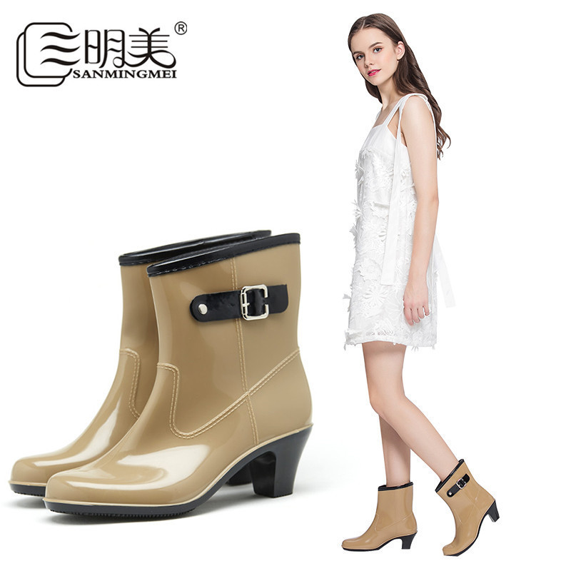 Sanmingmei Buckle Rain Boots for Women, Mid-Calf, Adult Non-Slip Rain Boots, Rubber Shoes, Slip-On Shoes, Water Shoes 815, Side Buckle, Suitable for All Seasons