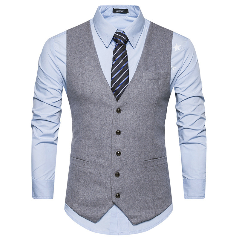 Foreign trade men's spring and autumn new European size suit vest men's British slim solid color single row five button waistcoat