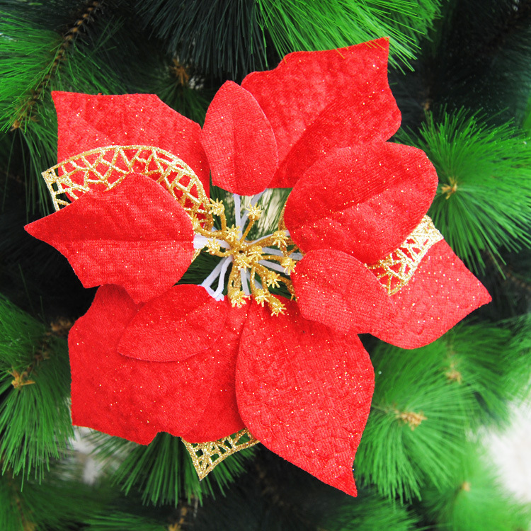 款式精美 大红钻石绒加网圣诞花 金芯圣诞树藤条装饰花 婚庆装扮