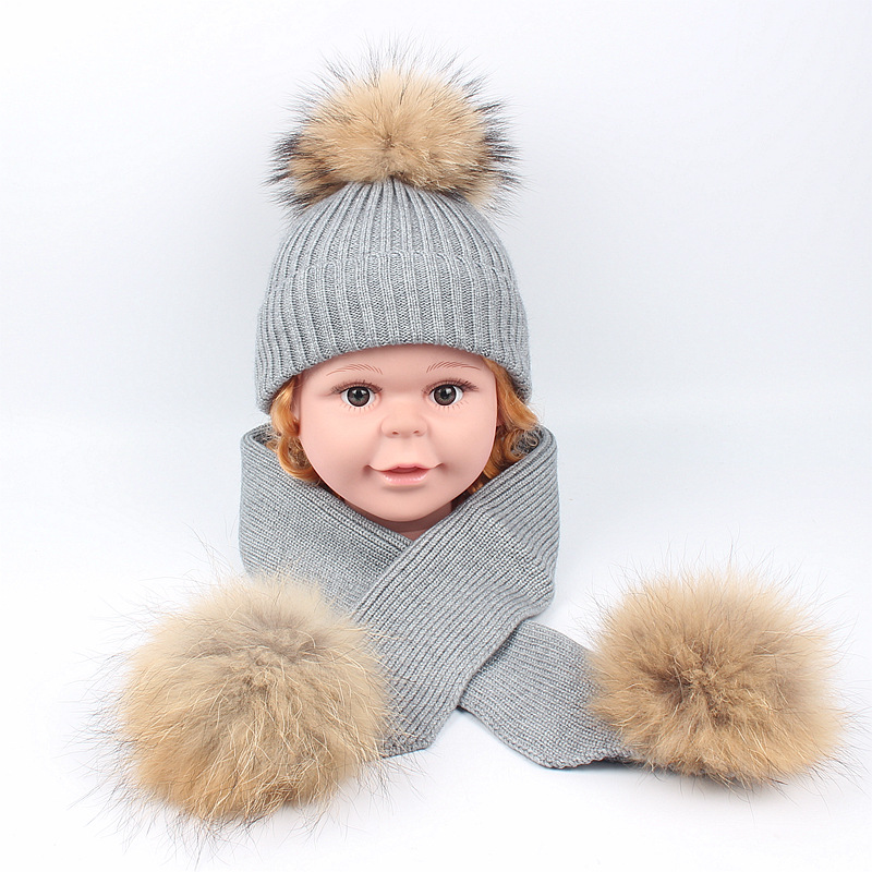 Autunno Inverno Nuovo Procione Palla Cappello Sciarpa Lavorata A Maglia Carino Ragazzi e Ragazze Bambino Tinta Unita Lana Caldo Set_voghion.com