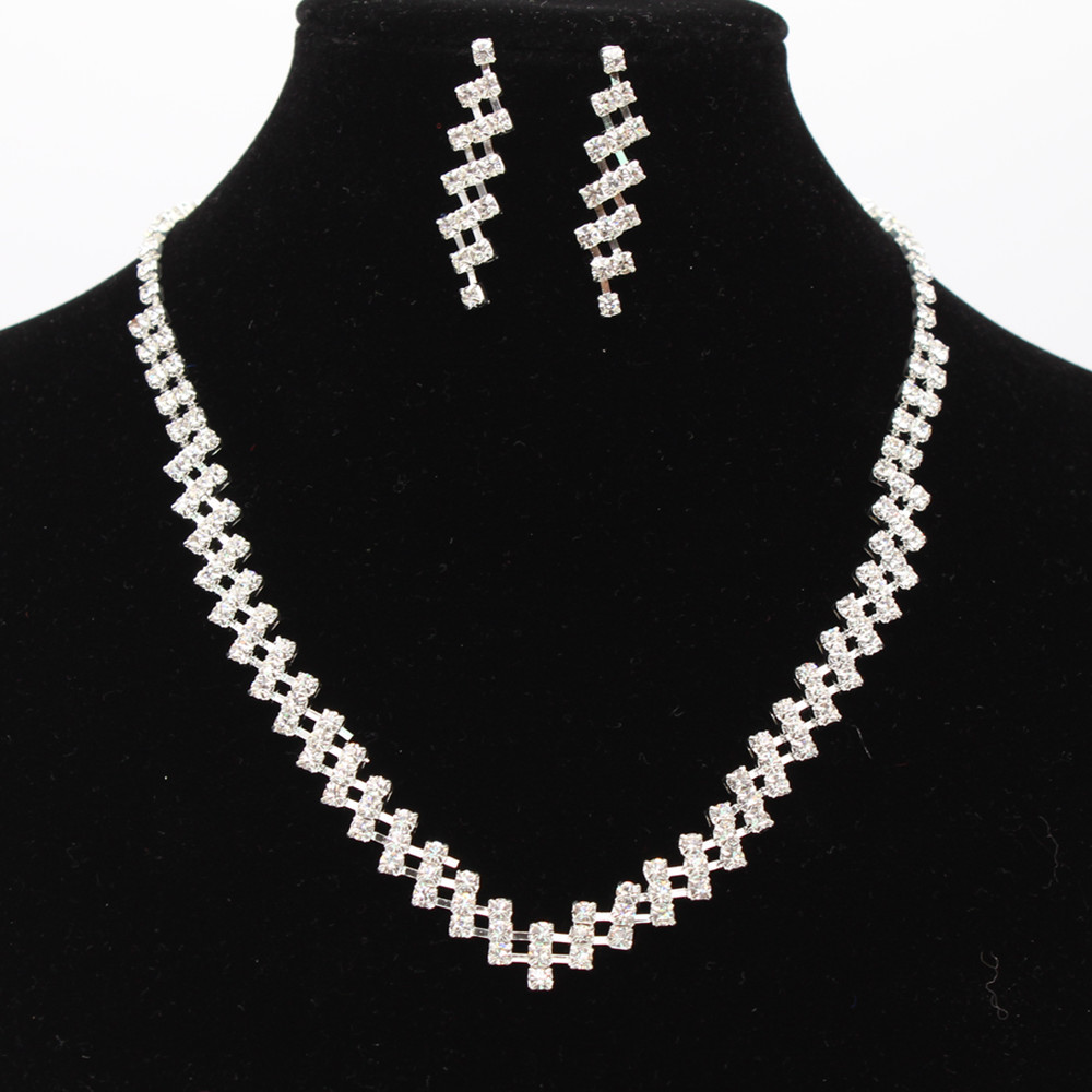 跨境热销新娘饰品简单约欧美水钻项链耳环首饰套装jewelry let|ms