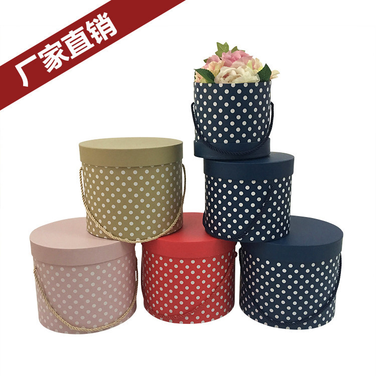 现货波点鲜花礼品盒花盒　手提抱抱桶　圆桶花盒　圆形花盒三件套