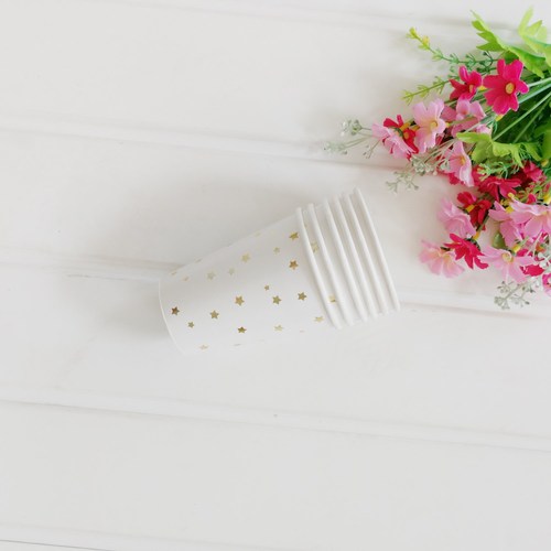 New gold-plated 270ml paper cups with 9.5 inches, disposable cups, featuring stripe and round dot patterns with gold star decorations, pack of 8