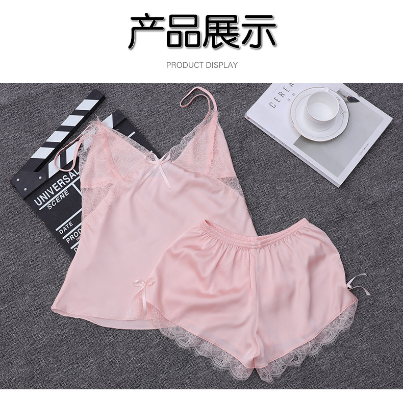 Summer Suspenders Shorts Pajamas   Simulation Silk Sweet Sexy Backless  Two-piece Suit Thin V-neck  Home Service Nihaojewelry Wholesale display picture 9